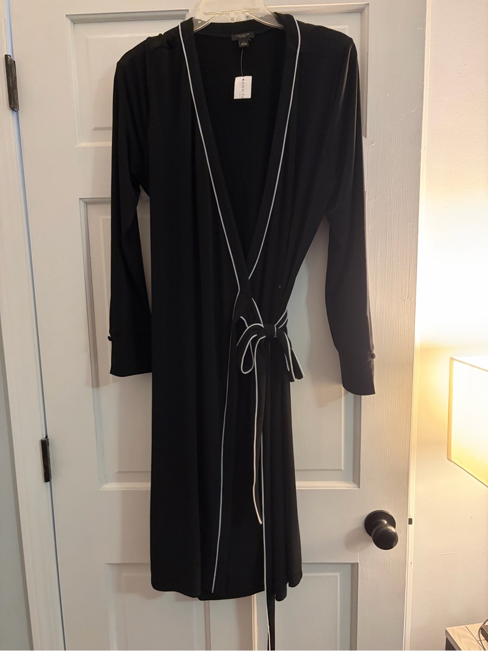 Ann Taylor Black Long Sleeve Wrap Dress with White Piping